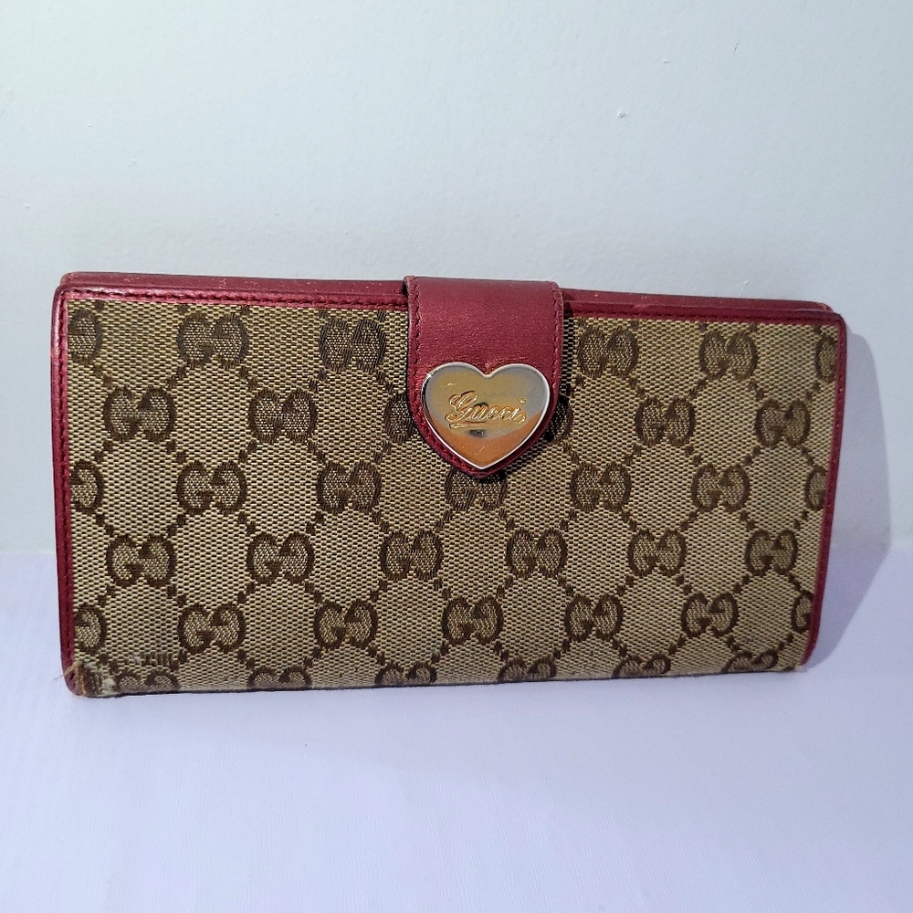 Gucci Brown Monogram Canvas Wallet with Red Trim and Gold Heart Accent